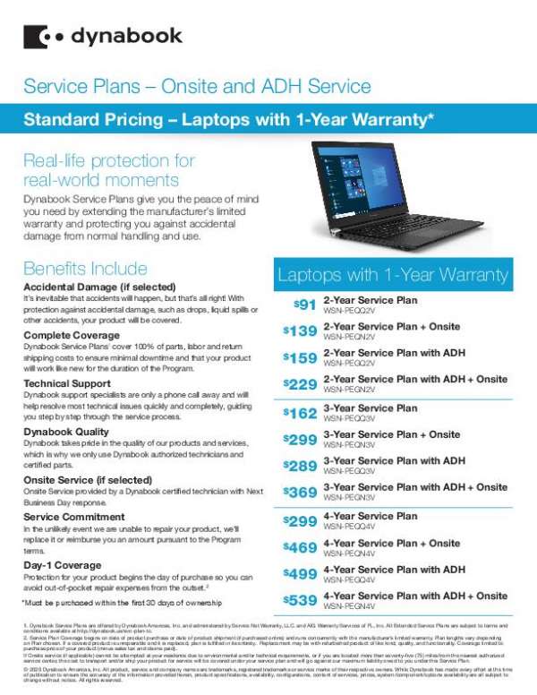 Dynabook Service Plans – Onsite and ADH Service